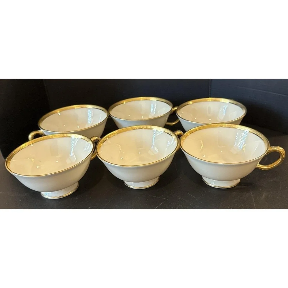 Lenox Tuxedo Gold Trim Teacup Tea Cups Saucers Plate Set Of 6 USA‎ J-33 Wedding